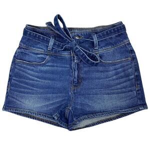 Mudd High Rise Jean Shorts Sz 7‎ Belted Wide Waistband Dark Wash Stretch Denim